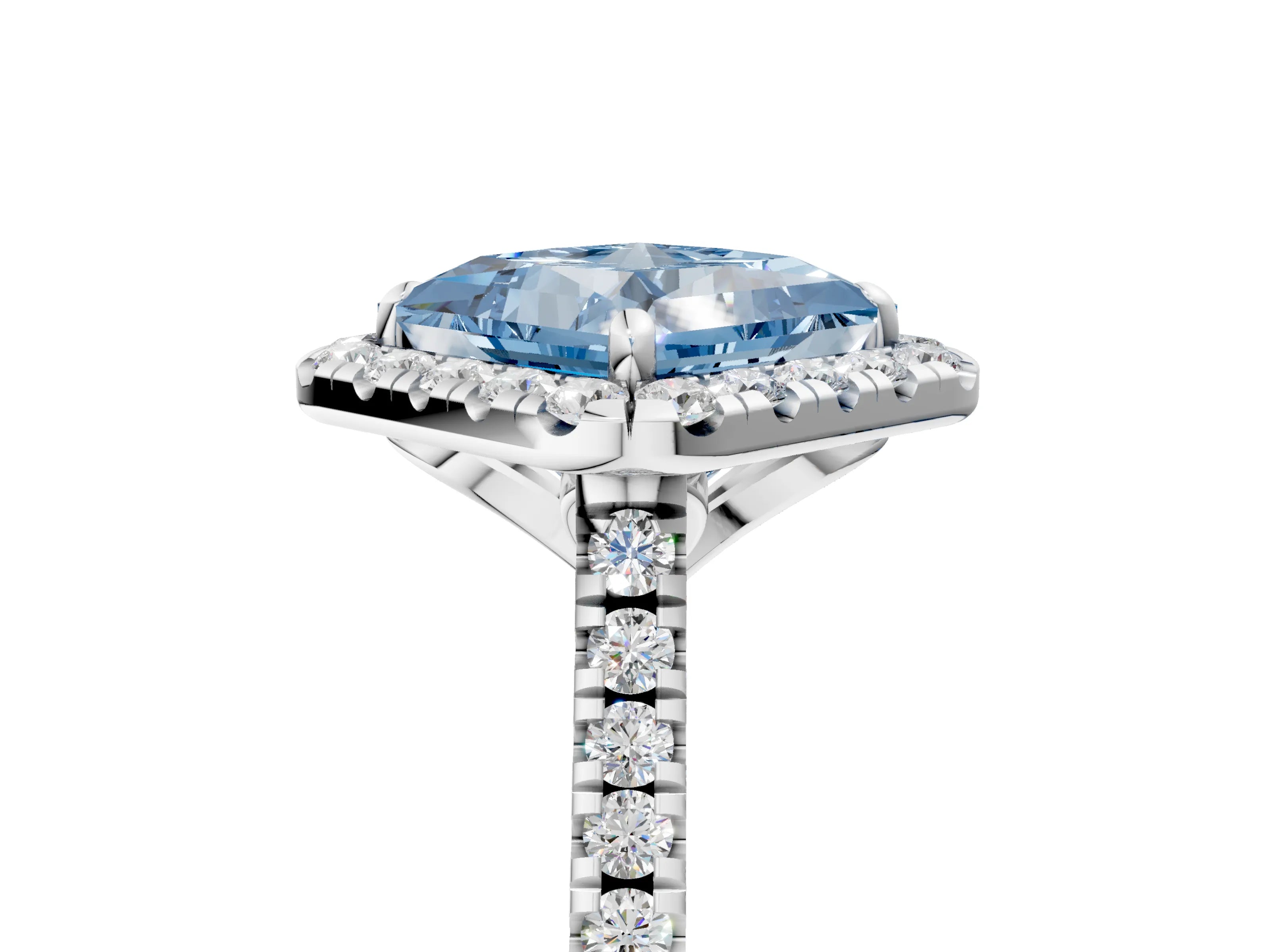 White gold Fancy Blue Princess Cut Diamond Cushion Halo Ring with Pavé Band_17