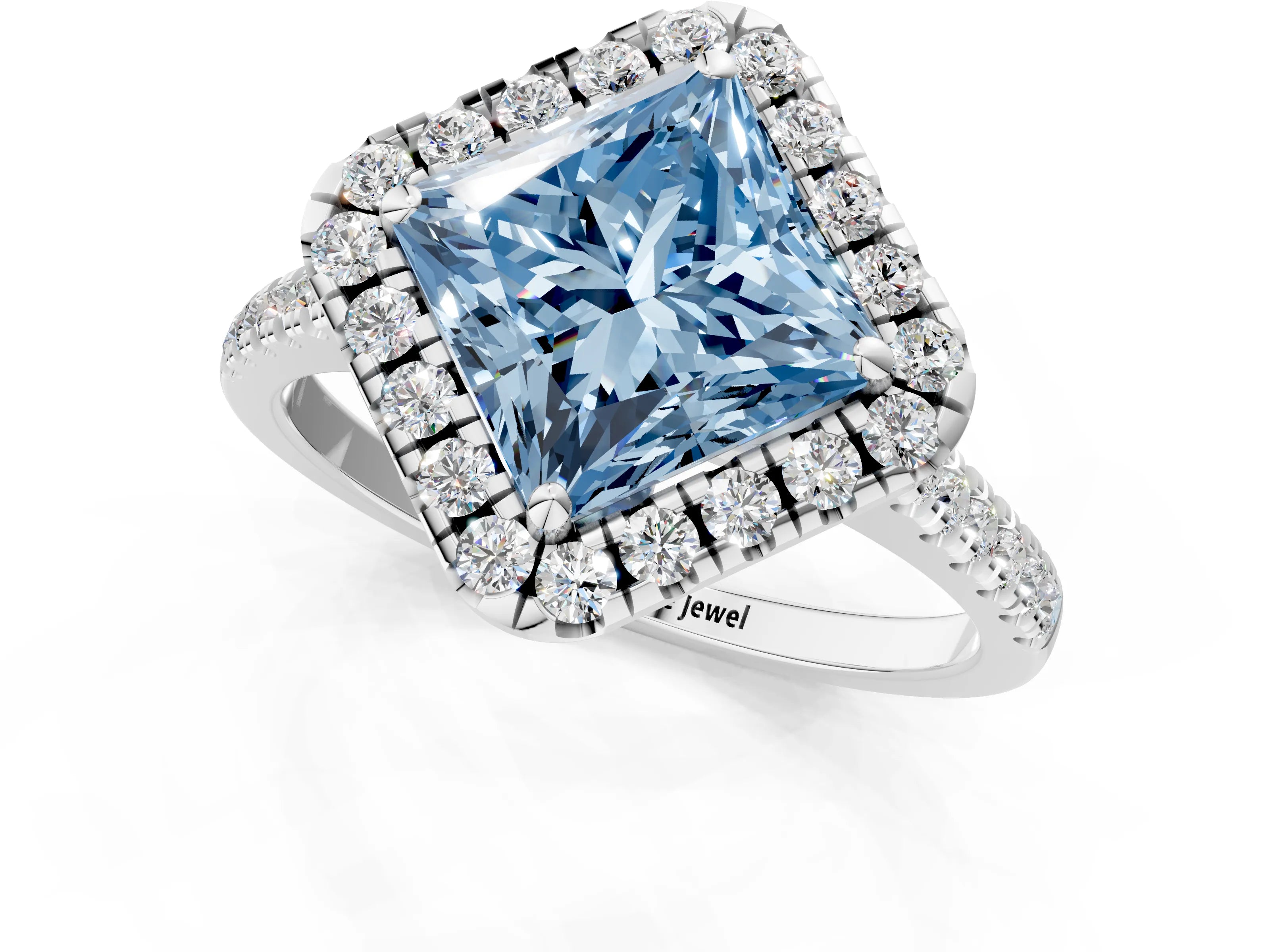 White gold Fancy Blue Princess Cut Diamond Cushion Halo Ring with Pavé Band_1