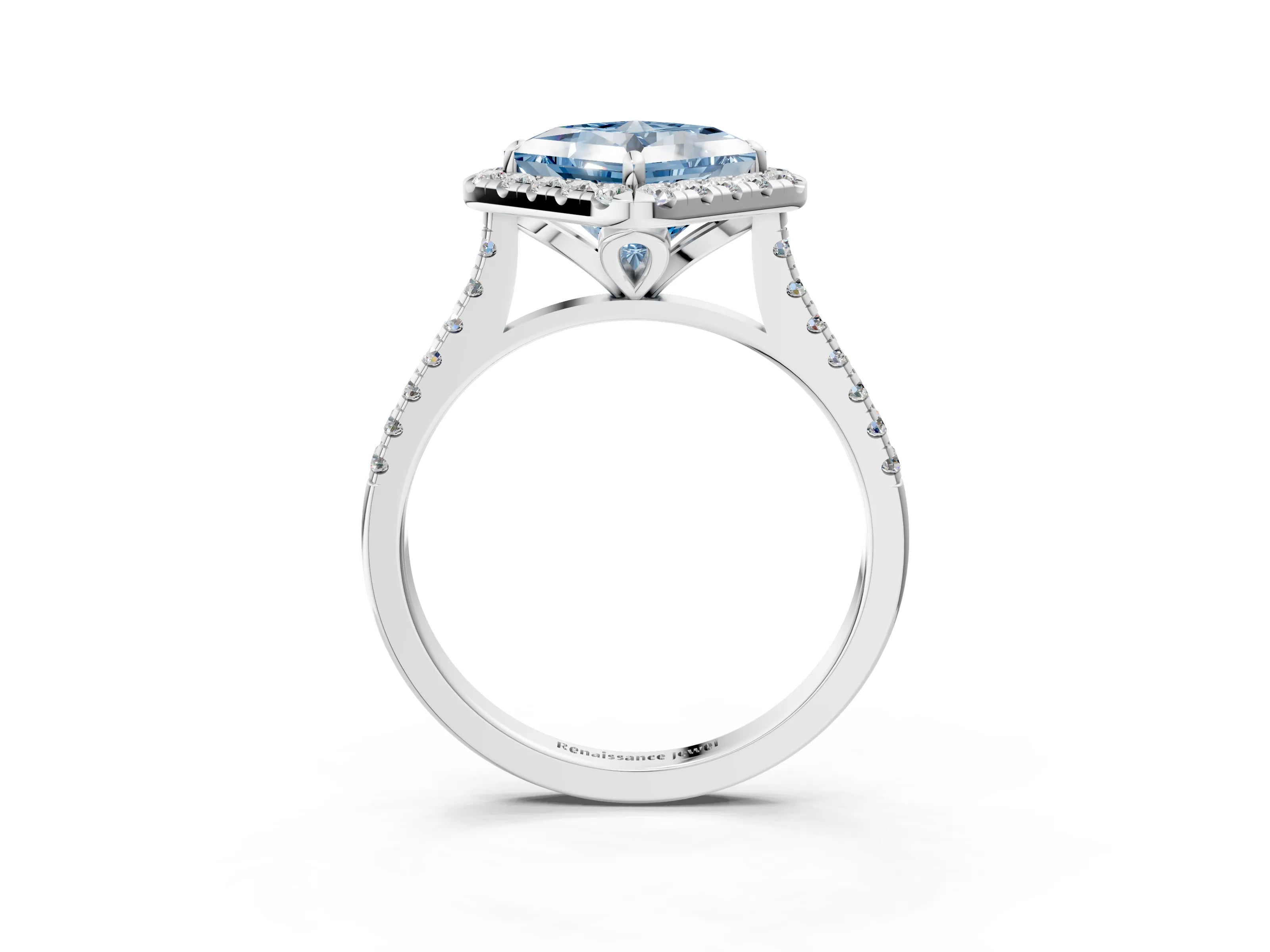 White gold Fancy Blue Princess Cut Diamond Cushion Halo Ring with Pavé Band_3