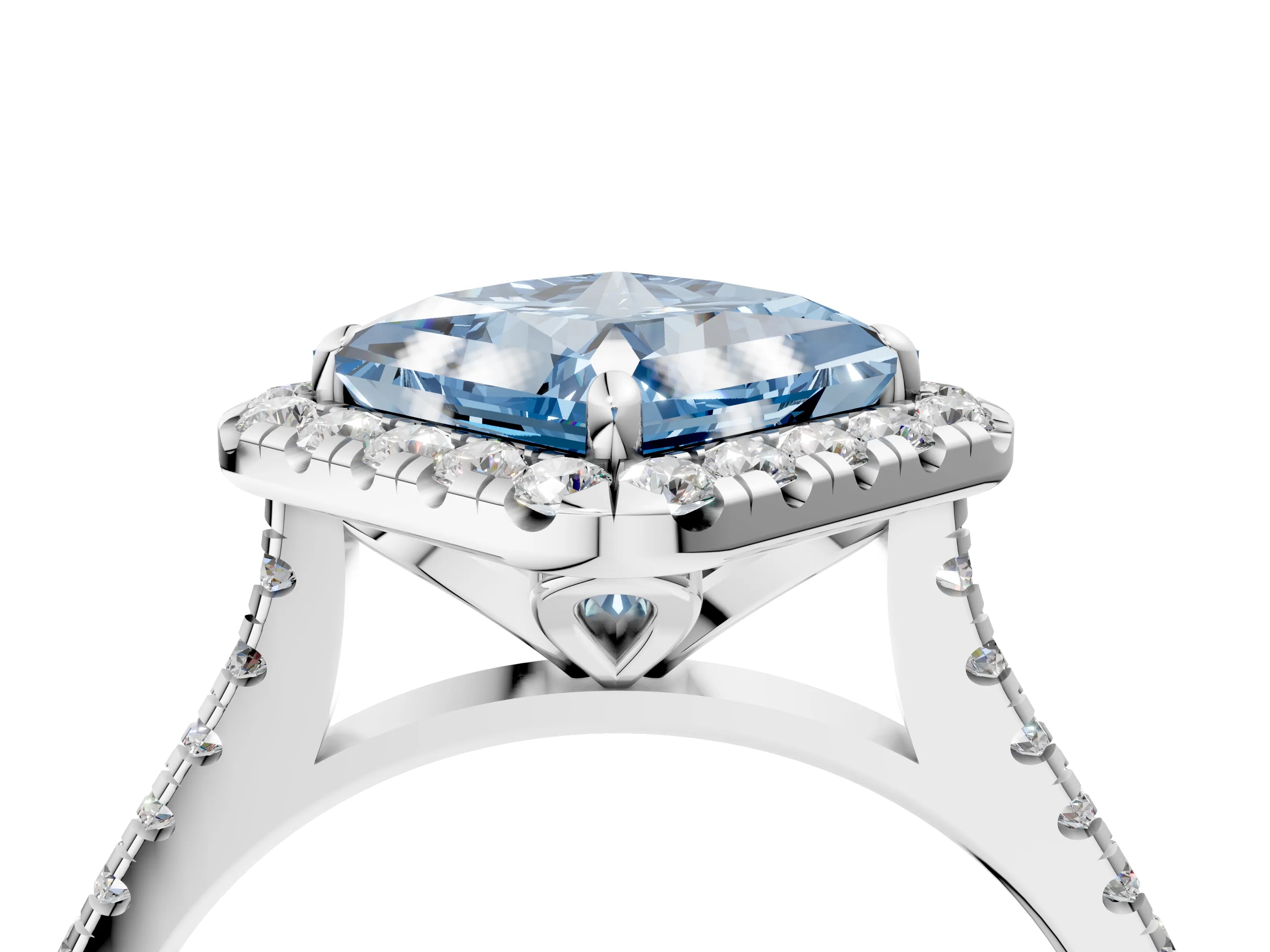 White gold Fancy Blue Princess Cut Diamond Cushion Halo Ring with Pavé Band_4