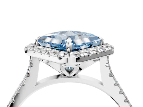 White gold Fancy Blue Princess Cut Diamond Cushion Halo Ring with Pavé Band_4