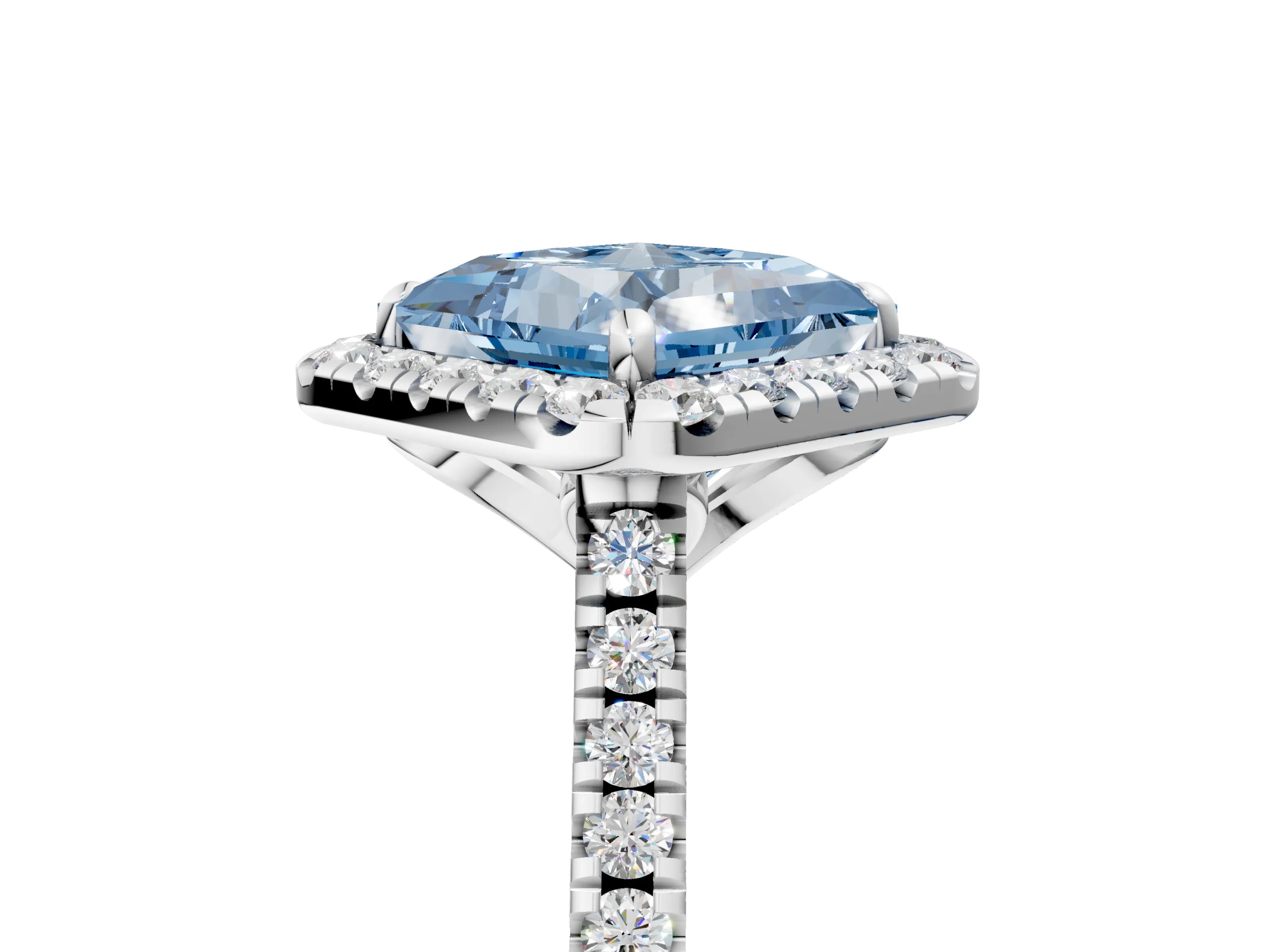 White gold Fancy Blue Princess Cut Diamond Cushion Halo Ring with Pavé Band_5