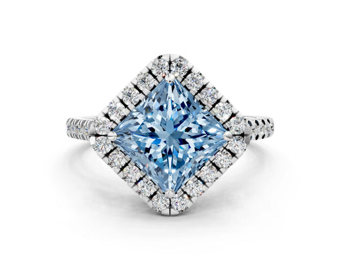 White gold Fancy Blue Princess Cut Diamond Cushion Halo Ring with Pavé Band