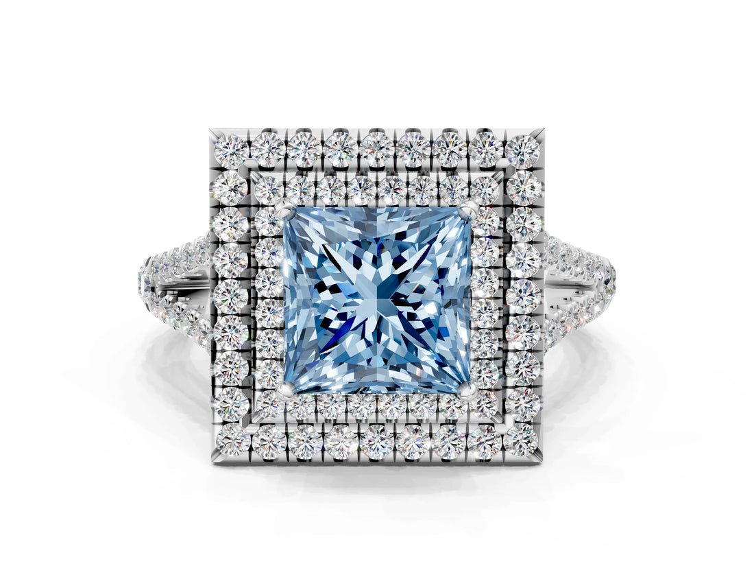 White gold Fancy Blue Princess Cut Diamond Double Halo Ring with Pavé Band and Prong Setting_113