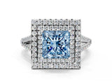 White gold Fancy Blue Princess Cut Diamond Double Halo Ring with Pavé Band and Prong Setting_113