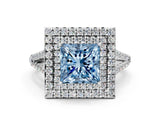 White gold Fancy Blue Princess Cut Diamond Double Halo Ring with Pavé Band and Prong Setting_125