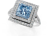 White gold Fancy Blue Princess Cut Diamond Double Halo Ring with Pavé Band and Prong Setting_126