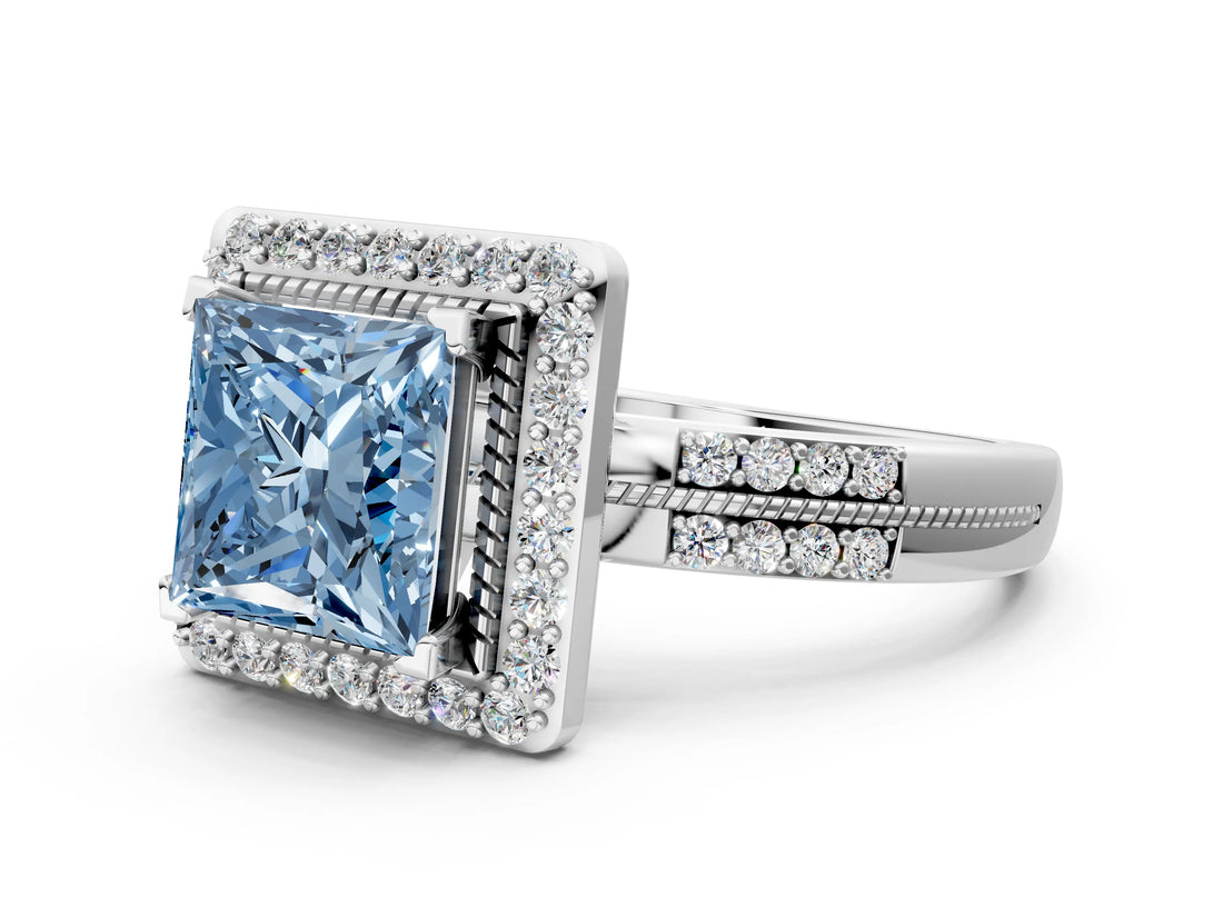 White gold Fancy Blue Princess Cut Diamond Double Halo Ring with Split Shank and Four-Prong Setting