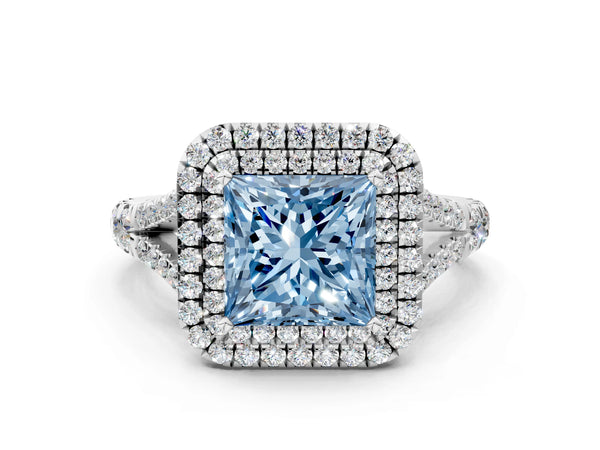 White gold Fancy Blue Princess Cut Diamond Double Halo Ring with Split Shank and Prong Setting