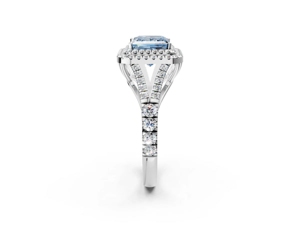 White gold Fancy Blue Princess Cut Diamond Double Halo Ring with Split Shank and Prong Setting