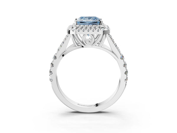 White gold Fancy Blue Princess Cut Diamond Double Halo Ring with Split Shank and Prong Setting