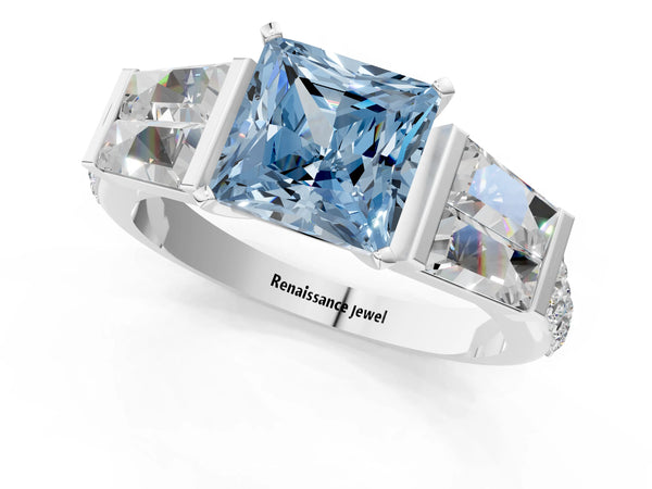 Platinum Fancy Blue Princess Cut Diamond Engagement Ring with Baguette Side Stones and Channel Set Band