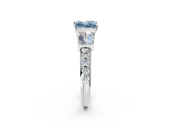 Platinum Fancy Blue Princess Cut Diamond Engagement Ring with Baguette Side Stones and Channel Set Band