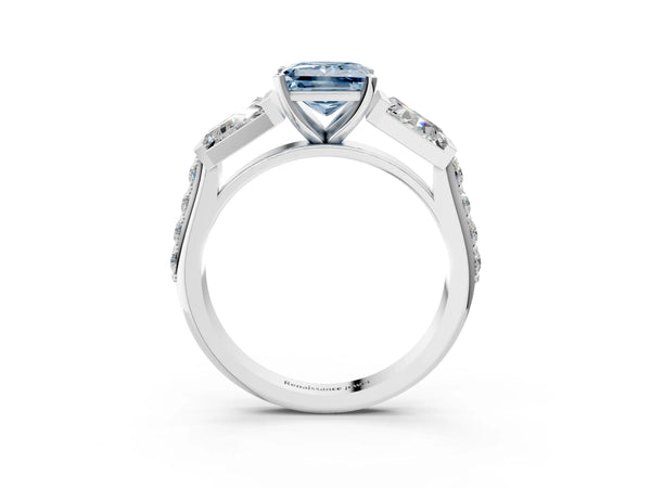Platinum Fancy Blue Princess Cut Diamond Engagement Ring with Baguette Side Stones and Channel Set Band