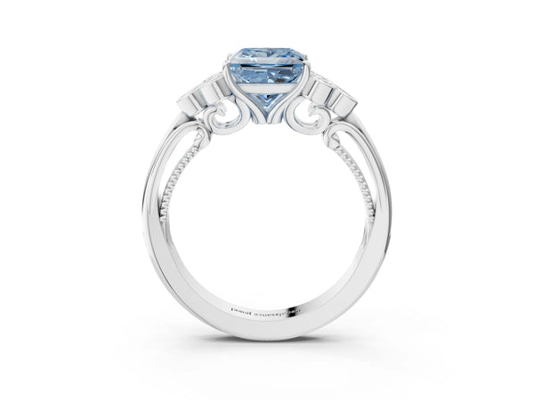 Platinum Fancy Blue Princess  Cut Diamond Engagement Ring with Bezel Set Round Side Stones and Prong Setting