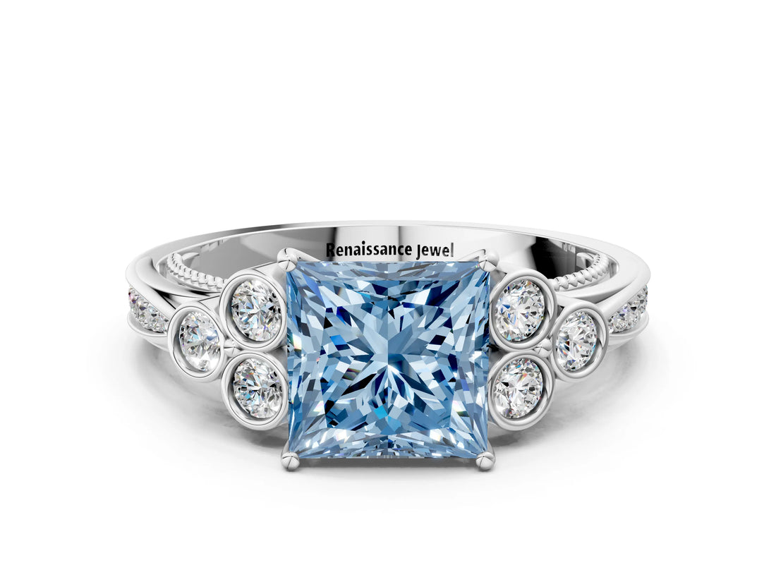 White gold Fancy Blue Princess  Cut Diamond Engagement Ring with Bezel Set Round Side Stones and Prong Setting_49