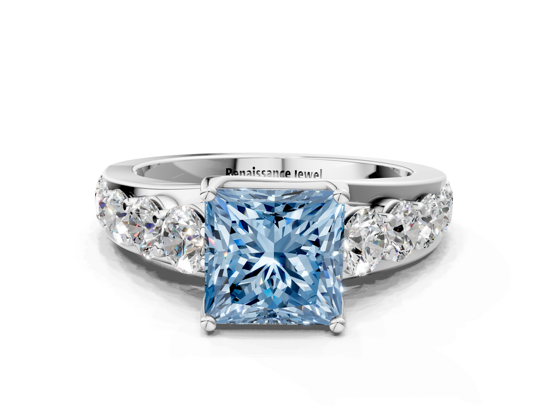 White gold Fancy Blue Princess  Cut Diamond Engagement Ring with Pavé Band and Four-Prong Setting_3