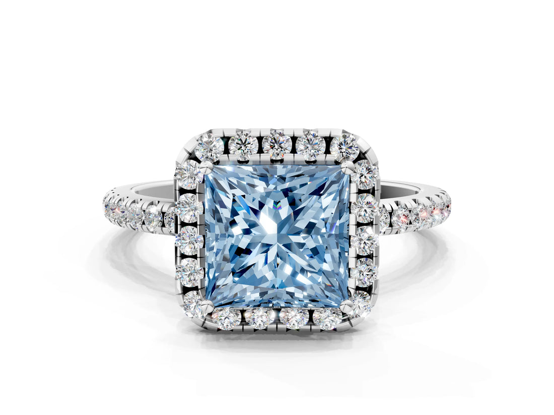 White gold Fancy Blue Princess  Cut Diamond Floral Halo Engagement Ring with Pavé Band and Prong Setting_48