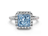White gold Fancy Blue Princess  Cut Diamond Floral Halo Engagement Ring with Pavé Band and Prong Setting_49