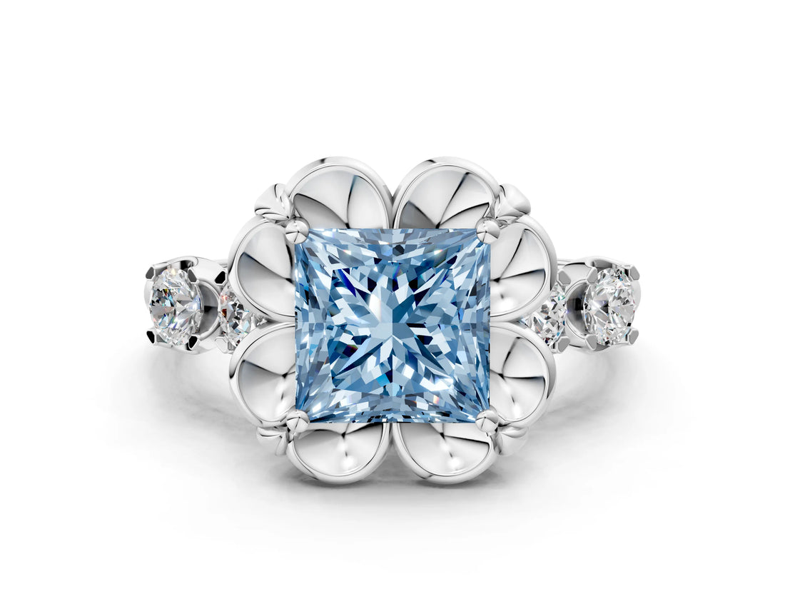 White gold Fancy Blue Princess  Cut Diamond Floral Halo Engagement Ring with Shared Prong Setting 1