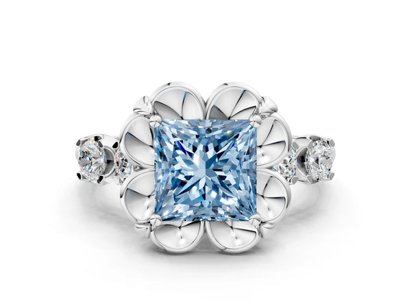 White gold Fancy Blue Princess  Cut Diamond Floral Halo Engagement Ring with Shared Prong Setting