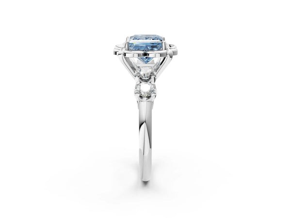 White gold Fancy Blue Princess  Cut Diamond Floral Halo Engagement Ring with Shared Prong Setting