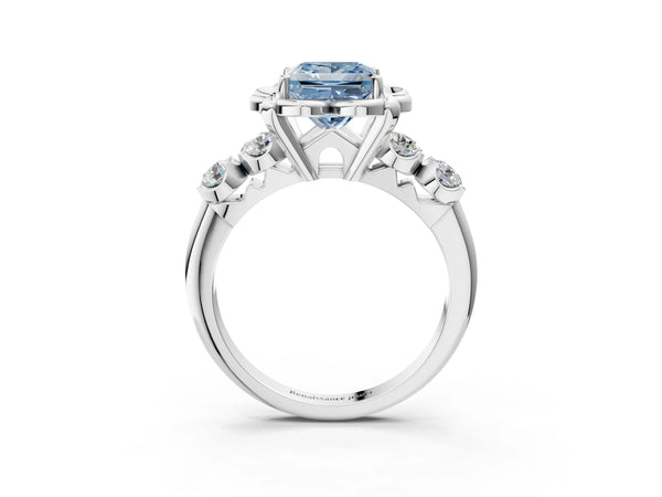 White gold Fancy Blue Princess  Cut Diamond Floral Halo Engagement Ring with Shared Prong Setting