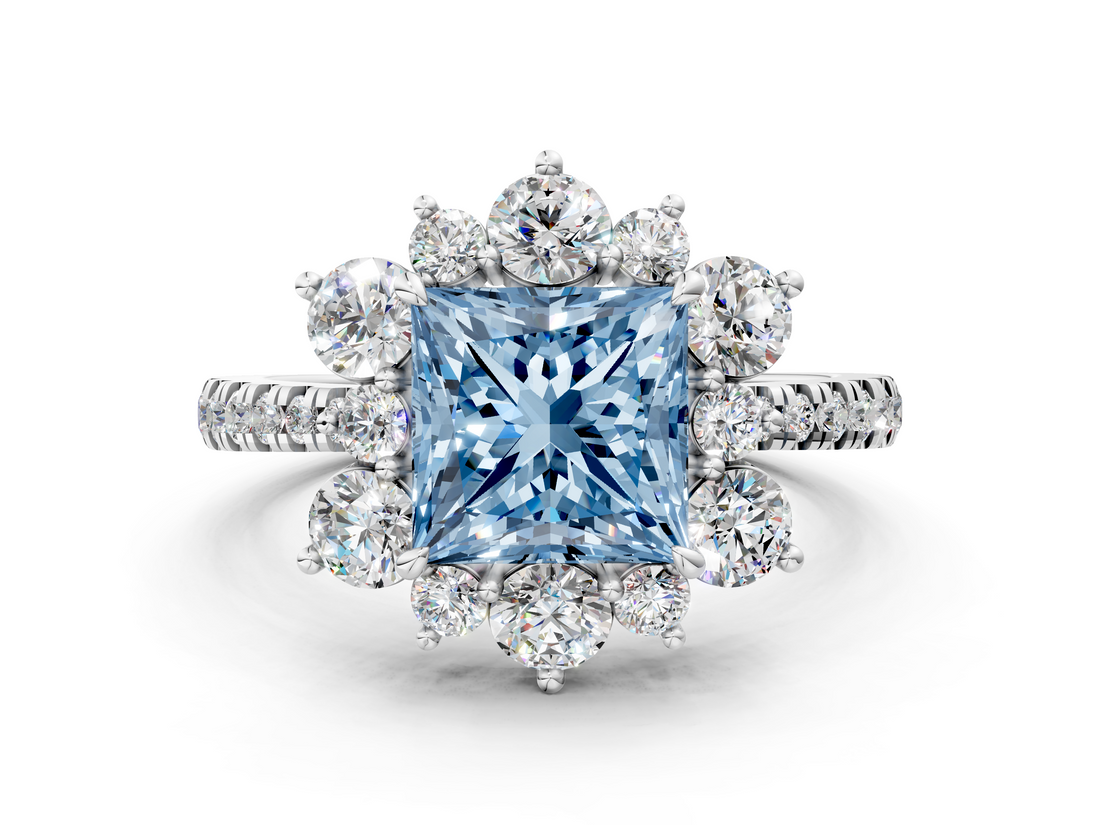 White gold Fancy Blue Princess  Cut Diamond Floral Halo Pave Band with Prong Setting_37