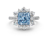 White gold Fancy Blue Princess  Cut Diamond Floral Halo Pave Band with Prong Setting_37