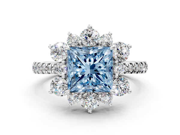 Platinum Fancy Blue Princess  Cut Diamond Floral Halo Pave Band with Prong Setting