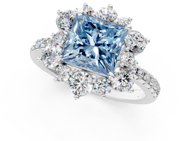 Platinum Fancy Blue Princess  Cut Diamond Floral Halo Pave Band with Prong Setting