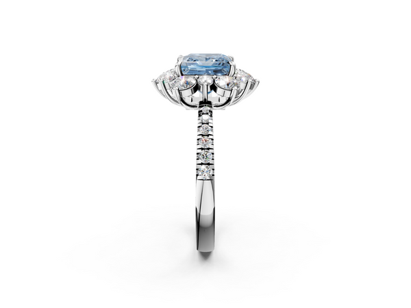 Platinum Fancy Blue Princess  Cut Diamond Floral Halo Pave Band with Prong Setting