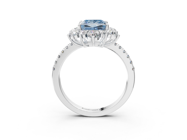Platinum Fancy Blue Princess  Cut Diamond Floral Halo Pave Band with Prong Setting