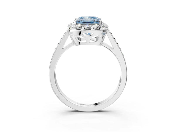 White gold Fancy Blue Princess Cut Diamond Floral Halo Ring with Pavé Band and Prong Setting