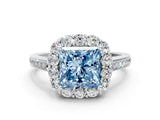 White gold Fancy Blue Princess Cut Diamond Floral Halo Ring with Pavé Band and Prong Setting_7