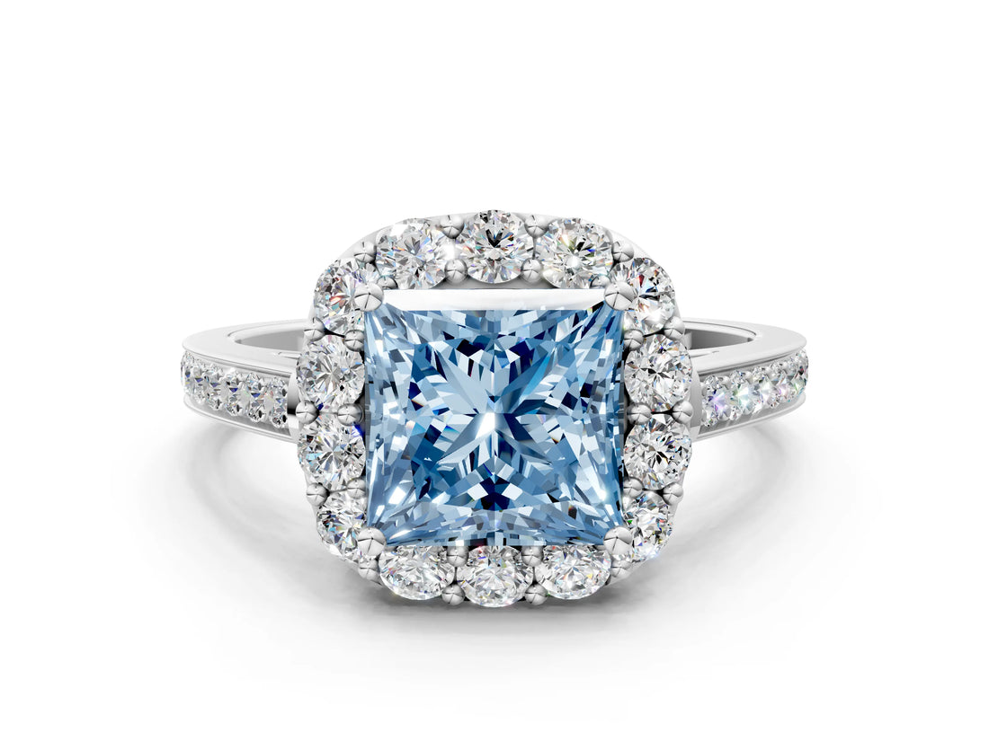 White gold Fancy Blue Princess Cut Diamond Floral Halo Ring with Pavé Band and Prong Setting_7