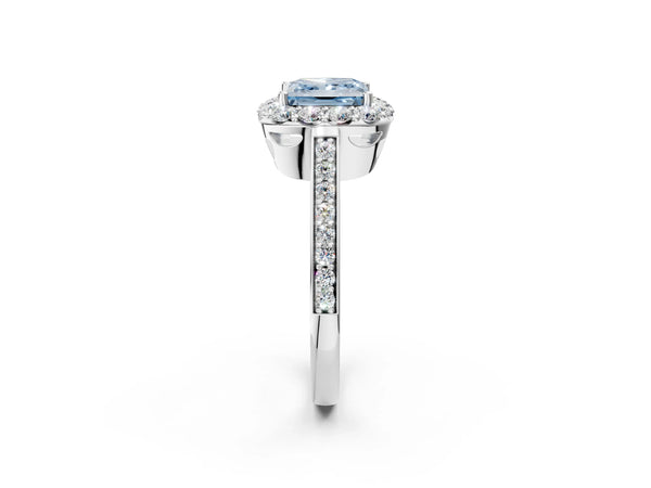White gold Fancy Blue Princess Cut Diamond Floral Halo Ring with Pavé Band and Prong Setting