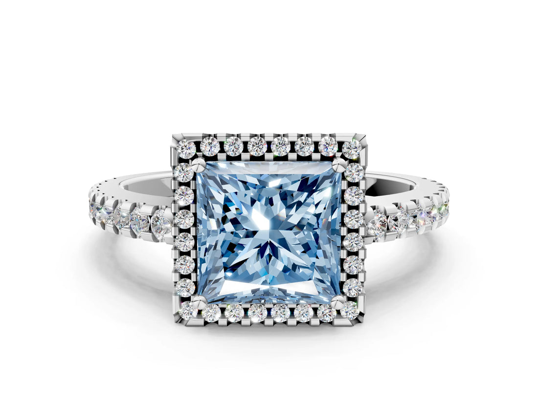 White gold Fancy Blue Princess Cut Diamond Halo Engagement Ring with Pavé Band and Prong Setting_51