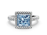 White gold Fancy Blue Princess Cut Diamond Halo Engagement Ring with Pavé Band and Prong Setting_51