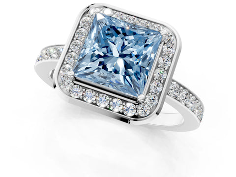 White gold Fancy Blue Princess Cut Diamond Halo Ring with Bezel Frame and Pavé Band_1