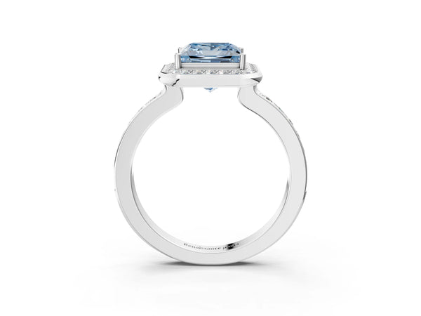 Platinum Fancy Blue Princess Cut Diamond Halo Ring with Bezel Frame and Pavé Band