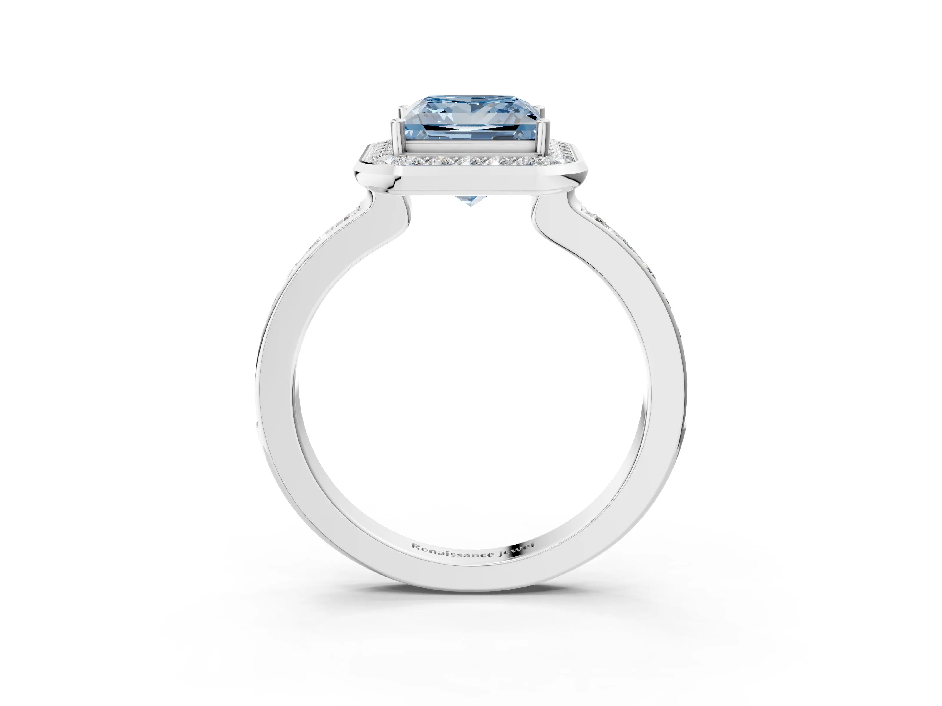 White gold Fancy Blue Princess Cut Diamond Halo Ring with Bezel Frame and Pavé Band_3