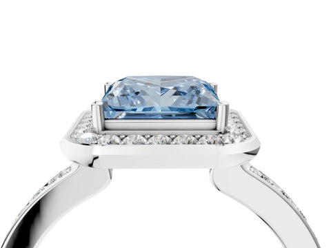 White gold Fancy Blue Princess Cut Diamond Halo Ring with Bezel Frame and Pavé Band_4