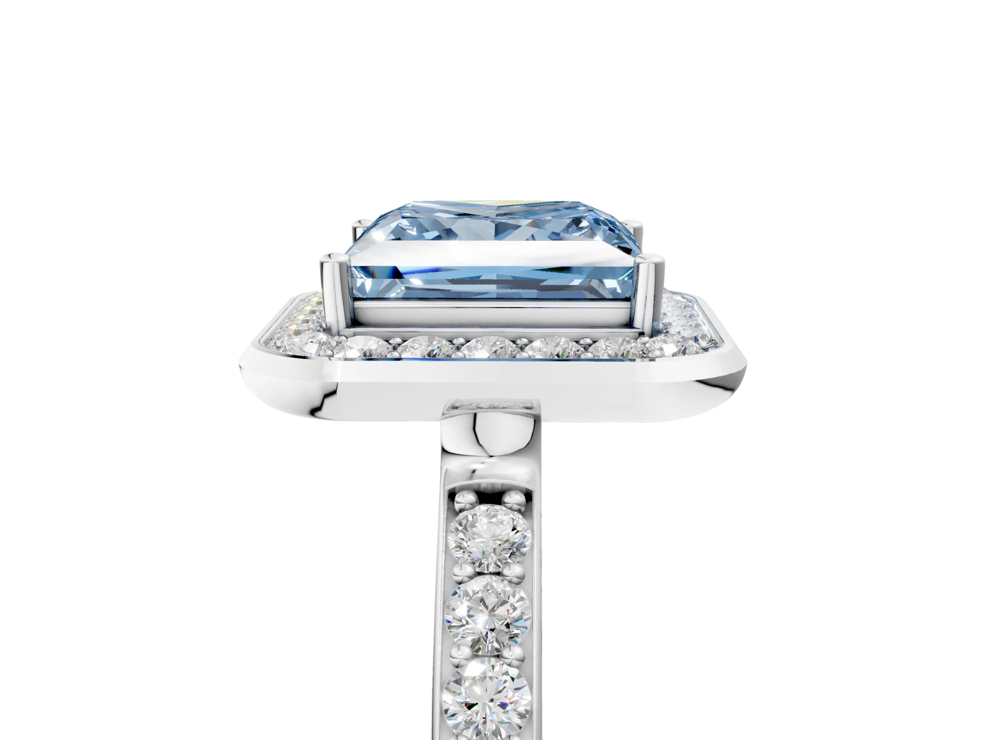 White gold Fancy Blue Princess Cut Diamond Halo Ring with Bezel Frame and Pavé Band_5
