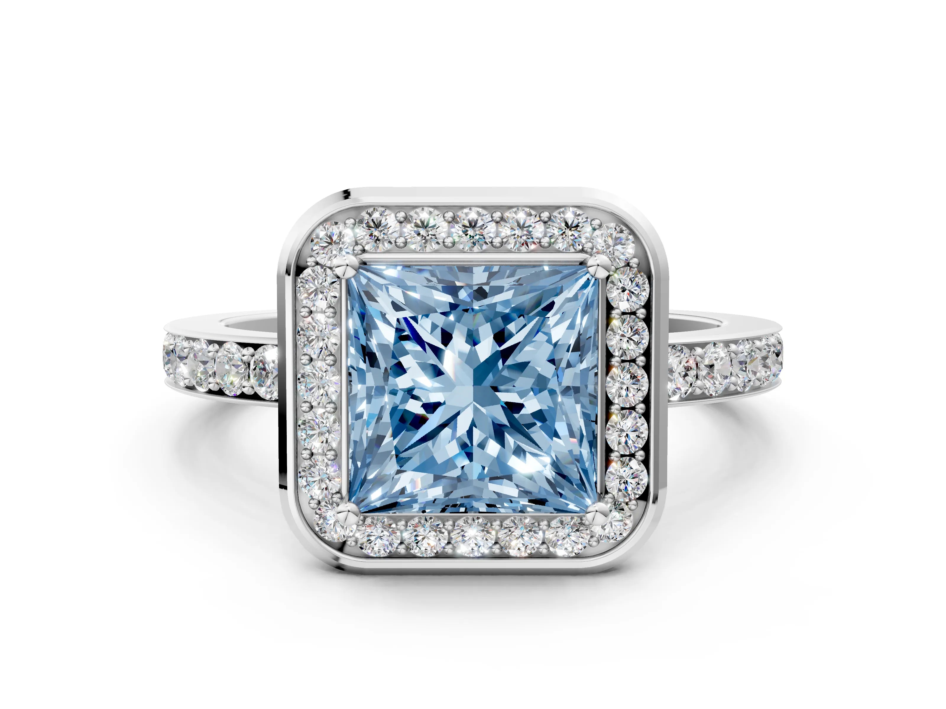 White gold Fancy Blue Princess Cut Diamond Halo Ring with Bezel Frame and Pavé Band