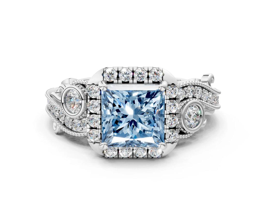 White gold Fancy Blue Princess Cut Diamond Halo Ring with Milgrain Pavé Band and Four-Prong Setting_48
