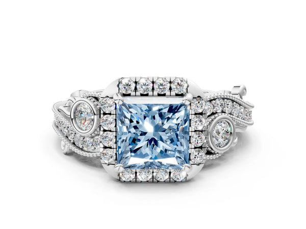 Platinum Fancy Blue Princess Cut Diamond Halo Ring with Milgrain Pavé Band and Four-Prong Setting