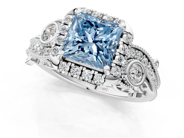Platinum Fancy Blue Princess Cut Diamond Halo Ring with Milgrain Pavé Band and Four-Prong Setting