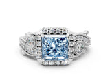 White gold Fancy Blue Princess Cut Diamond Halo Ring with Milgrain Pavé Band and Four-Prong Setting_49
