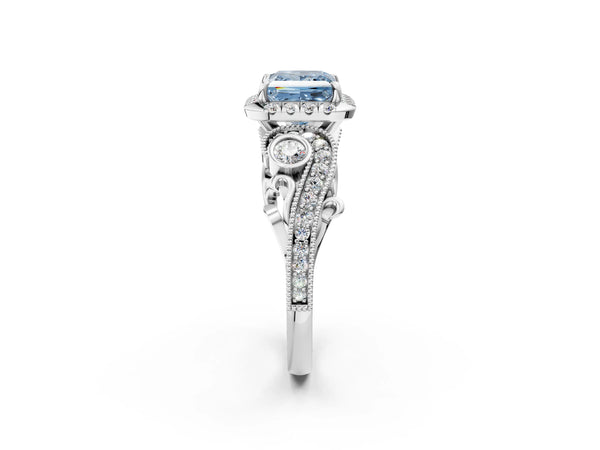 Platinum Fancy Blue Princess Cut Diamond Halo Ring with Milgrain Pavé Band and Four-Prong Setting